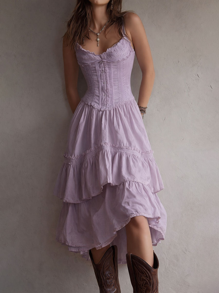 Bianca - Vestido midi retro bohemio con corsé y volantes, ribete de encaje.
