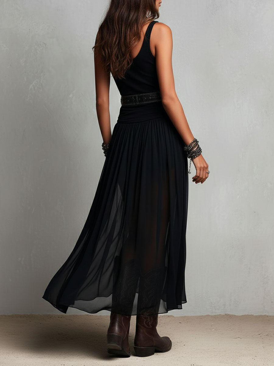 Noa - Vestido largo elástico negro de estilo bohemio occidental con falda transparente.
