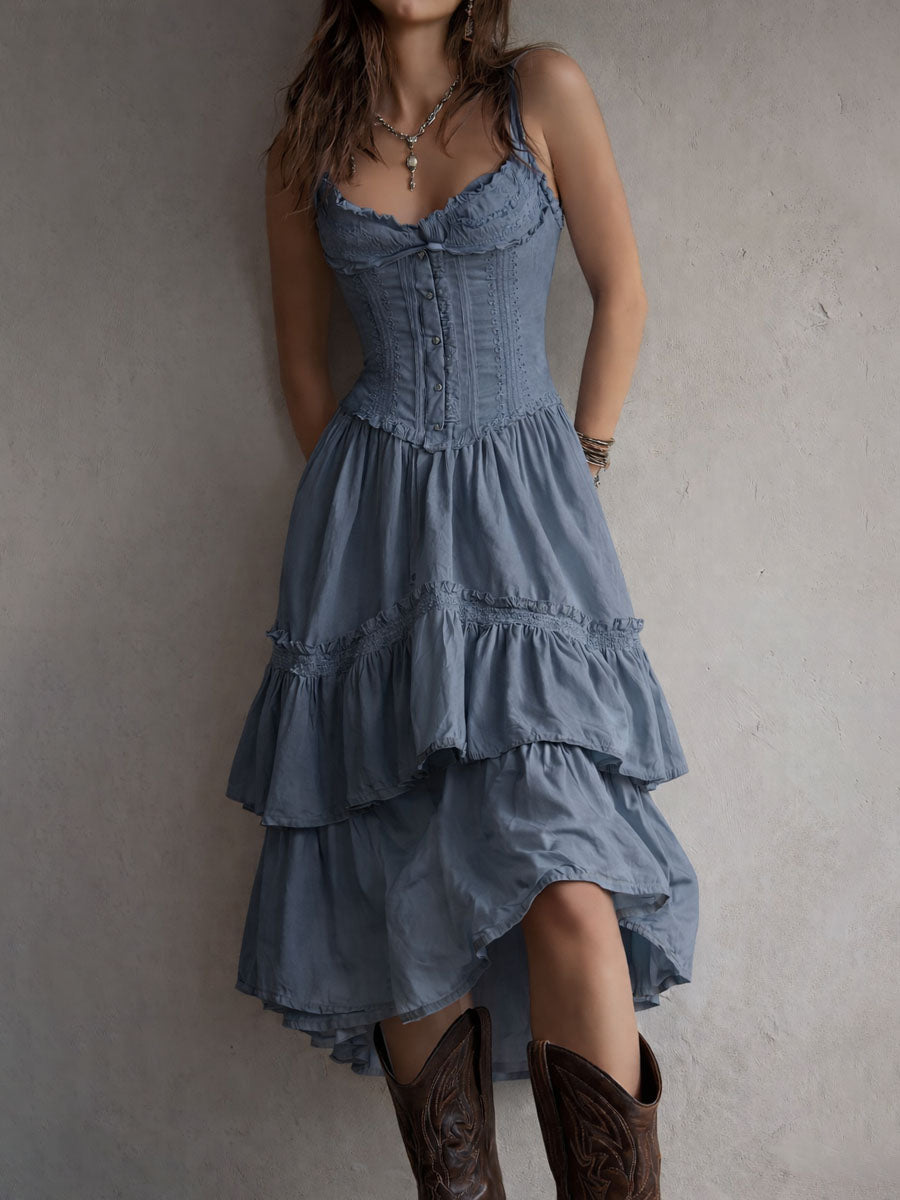 Bianca - Vestido midi retro bohemio con corsé y volantes, ribete de encaje.