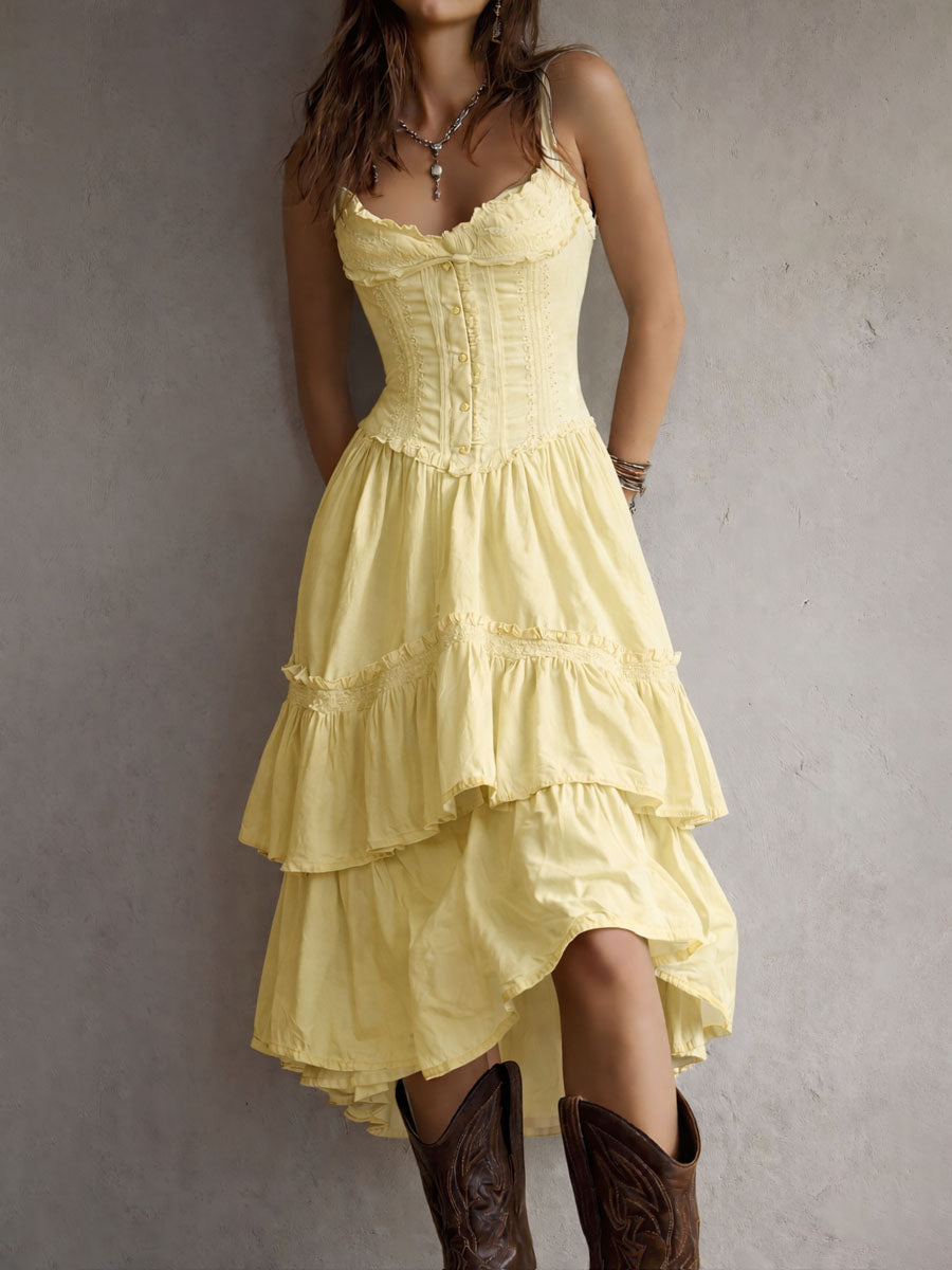 Bianca - Vestido midi retro bohemio con corsé y volantes, ribete de encaje.