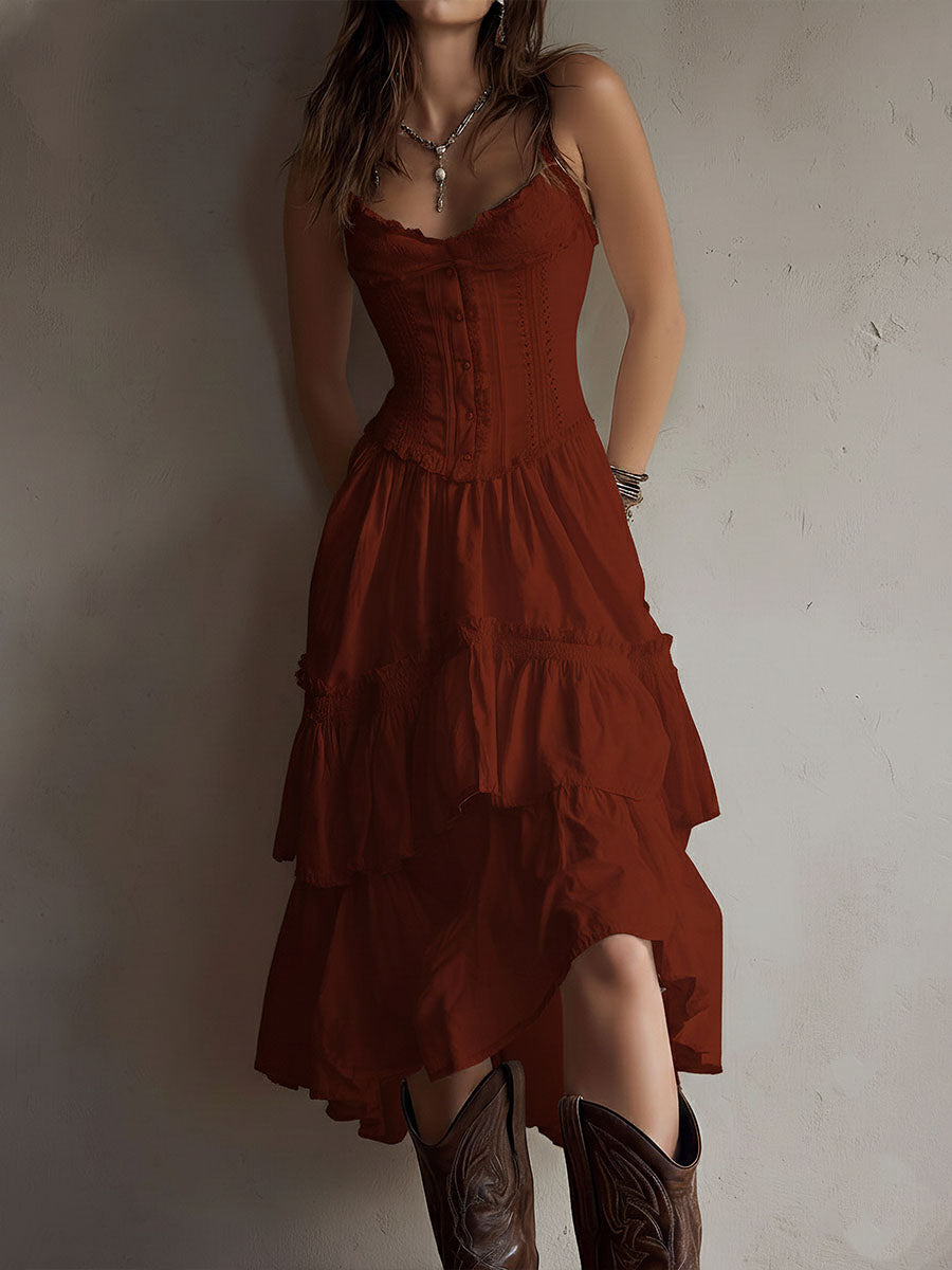 Bianca - Vestido midi retro bohemio con corsé y volantes, ribete de encaje.