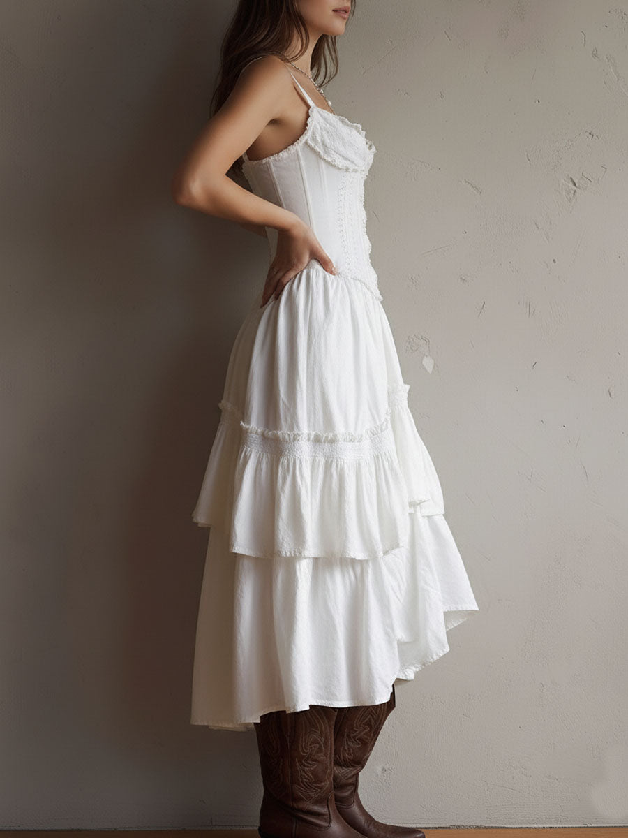 Bianca - Vestido midi retro bohemio con corsé y volantes, ribete de encaje.