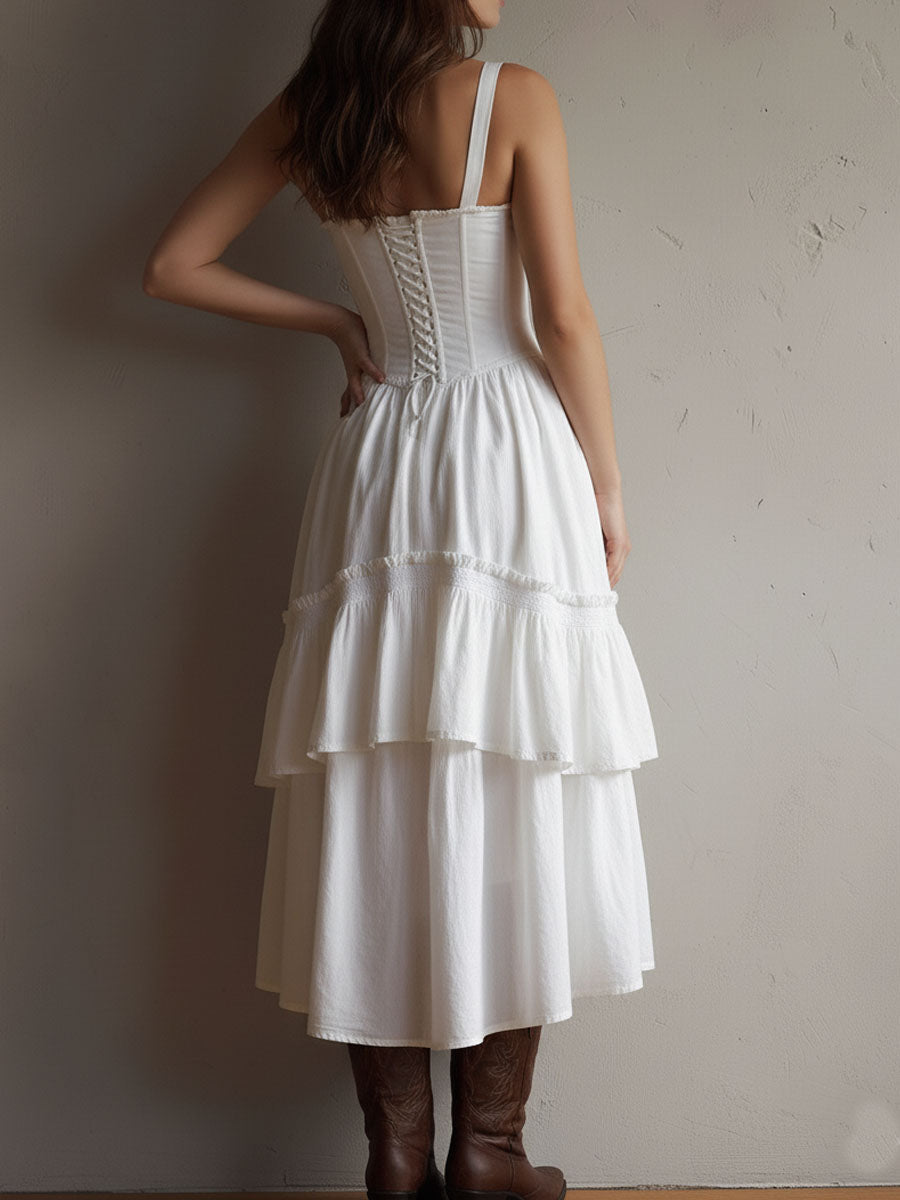 Bianca - Vestido midi retro bohemio con corsé y volantes, ribete de encaje.