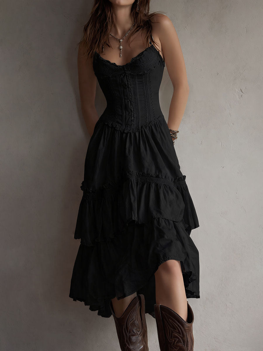 Bianca - Vestido midi retro bohemio con corsé y volantes, ribete de encaje.