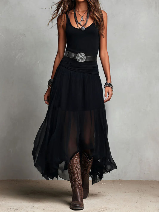 Noa - Vestido largo elástico negro de estilo bohemio occidental con falda transparente.