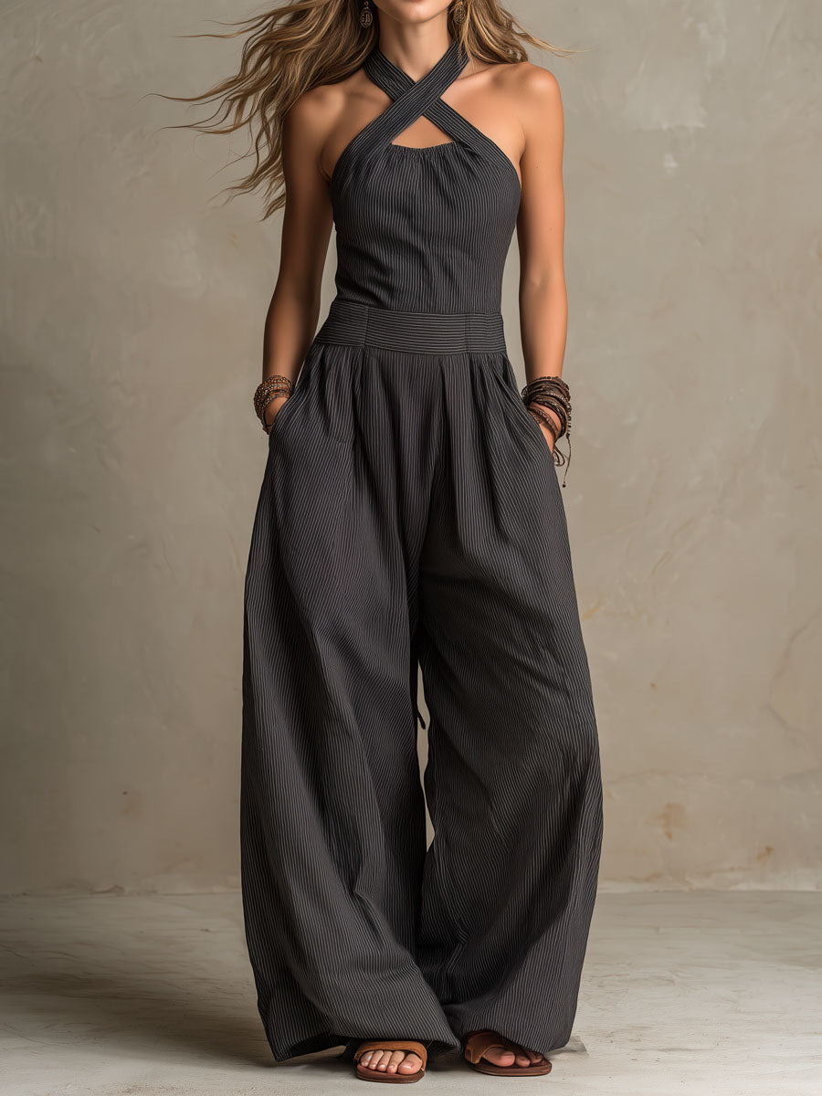 Valentina - Mono bohemio de pierna ancha con tirantes cruzados y escote halter, estampado de rayas diplomáticas.