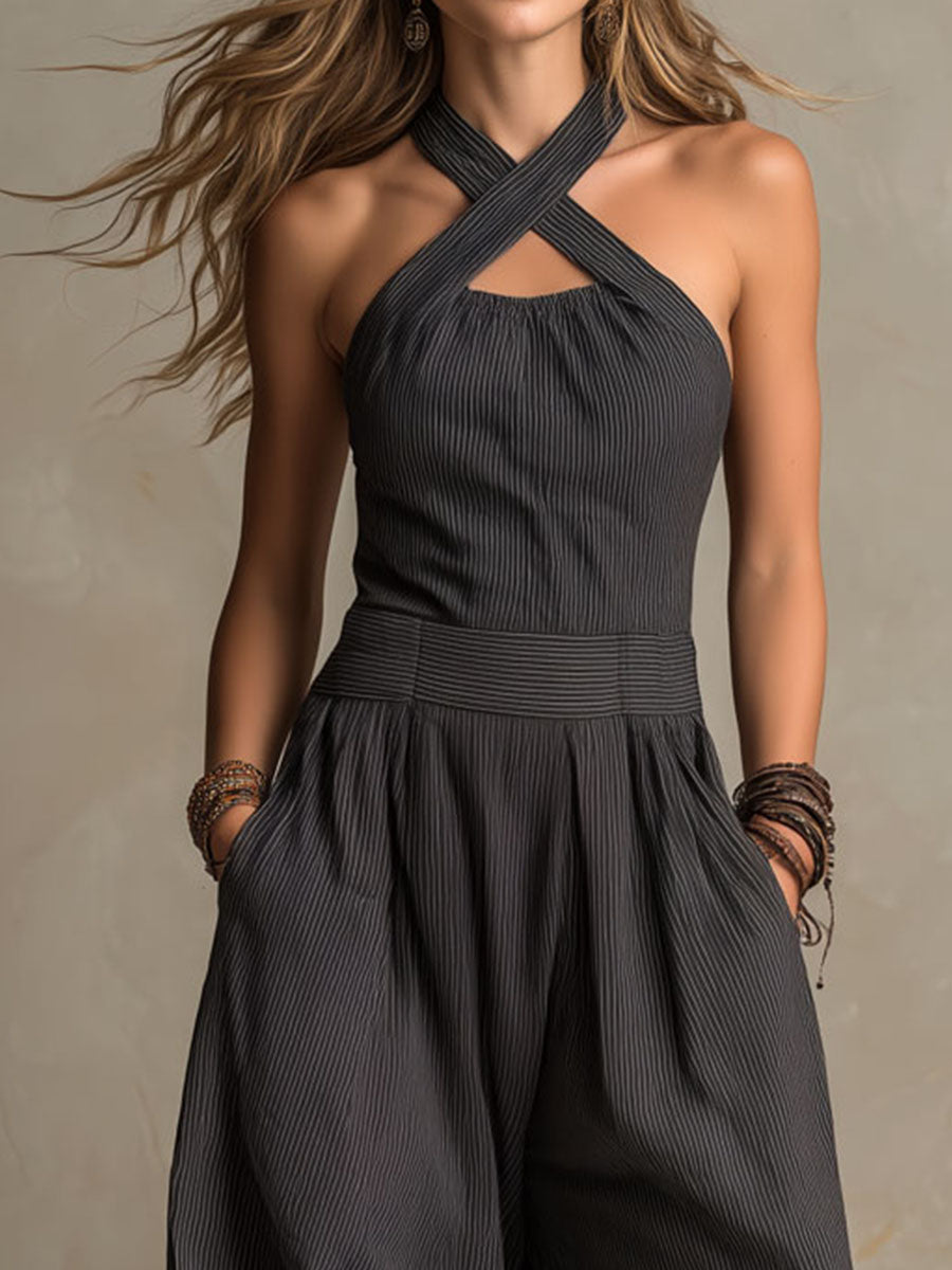 Valentina - Mono bohemio de pierna ancha con tirantes cruzados y escote halter, estampado de rayas diplomáticas.