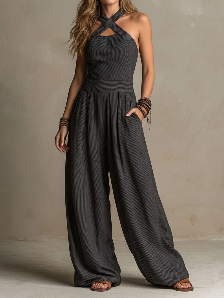 Valentina - Mono bohemio de pierna ancha con tirantes cruzados y escote halter, estampado de rayas diplomáticas.