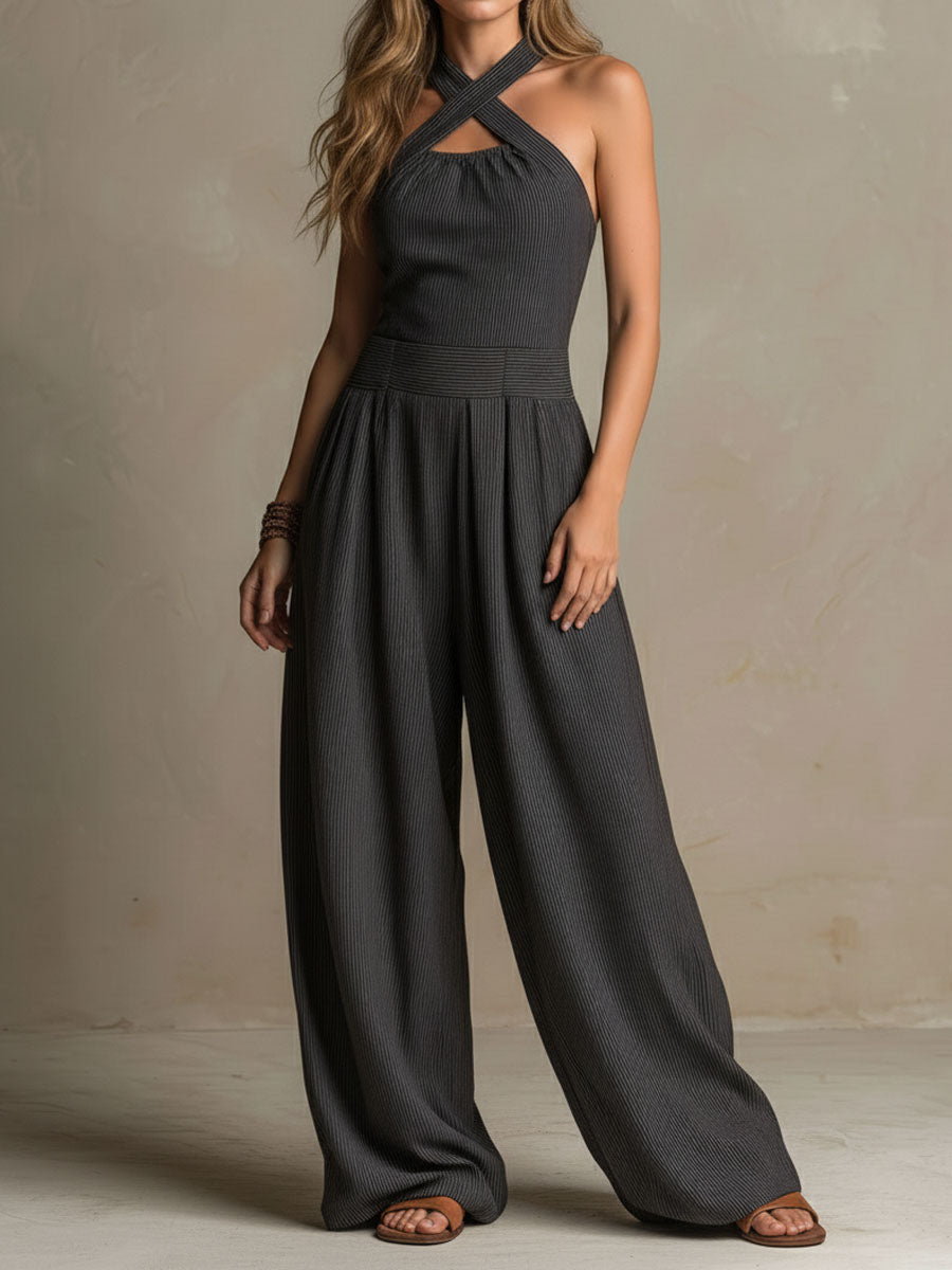 Valentina - Mono bohemio de pierna ancha con tirantes cruzados y escote halter, estampado de rayas diplomáticas.