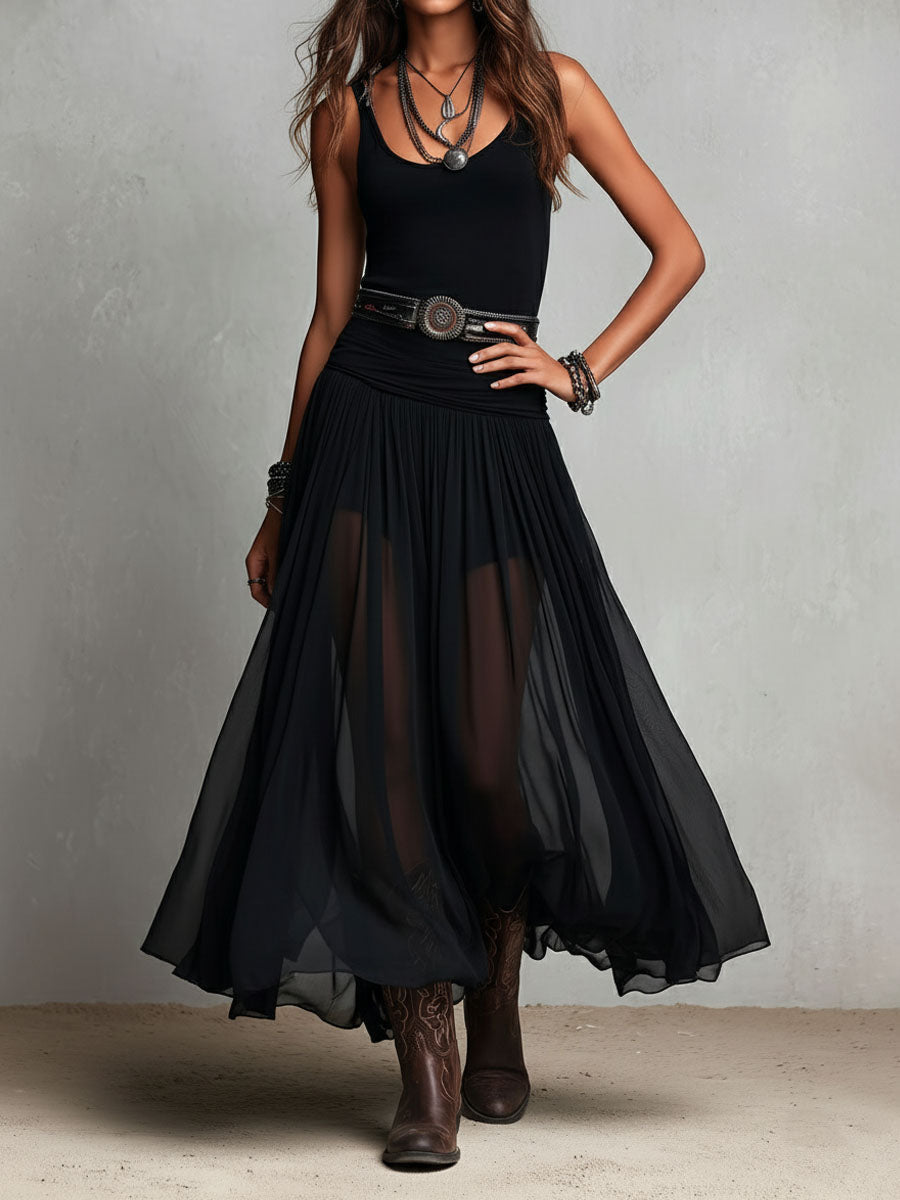 Noa - Vestido largo elástico negro de estilo bohemio occidental con falda transparente.