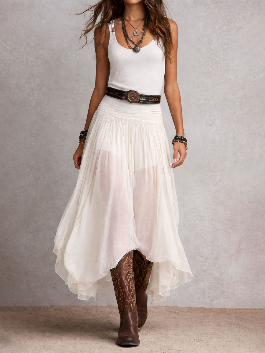 Noa - Vestido largo elástico negro de estilo bohemio occidental con falda transparente.