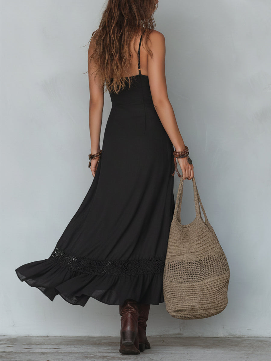 Isabella - Vestido largo retro de tencel con encaje y bajo irregular