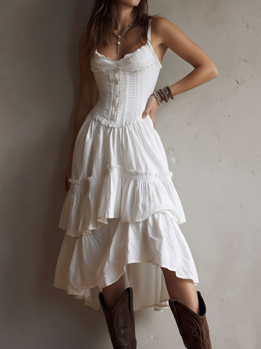 Bianca - Vestido midi retro bohemio con corsé y volantes, ribete de encaje.