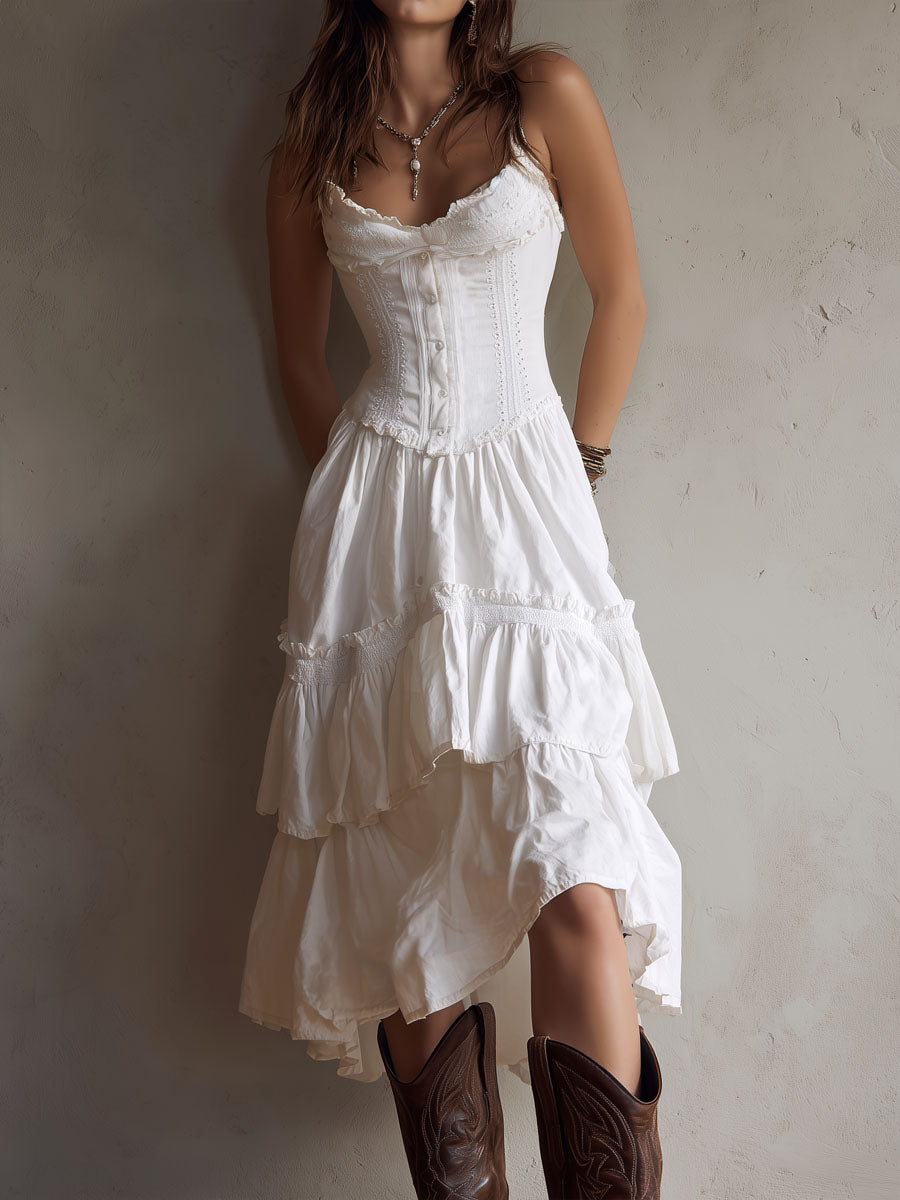 Bianca - Vestido midi retro bohemio con corsé y volantes, ribete de encaje.