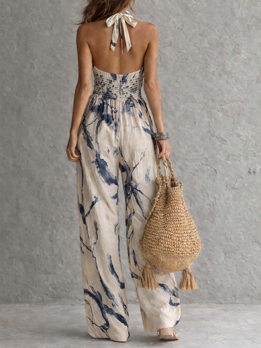 Adriana - Mono de pierna ancha con estampado de lavado a la tinta y cuello halter, con bolsillos.