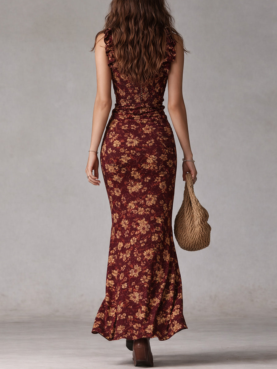 Valeria - Vestido largo estilo boho retro con mangas con volantes y abertura alta