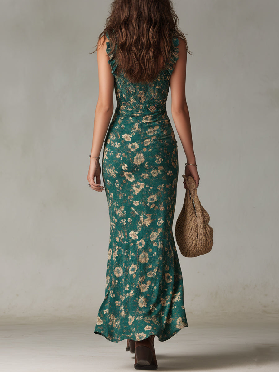 Valeria - Vestido largo estilo boho retro con mangas con volantes y abertura alta