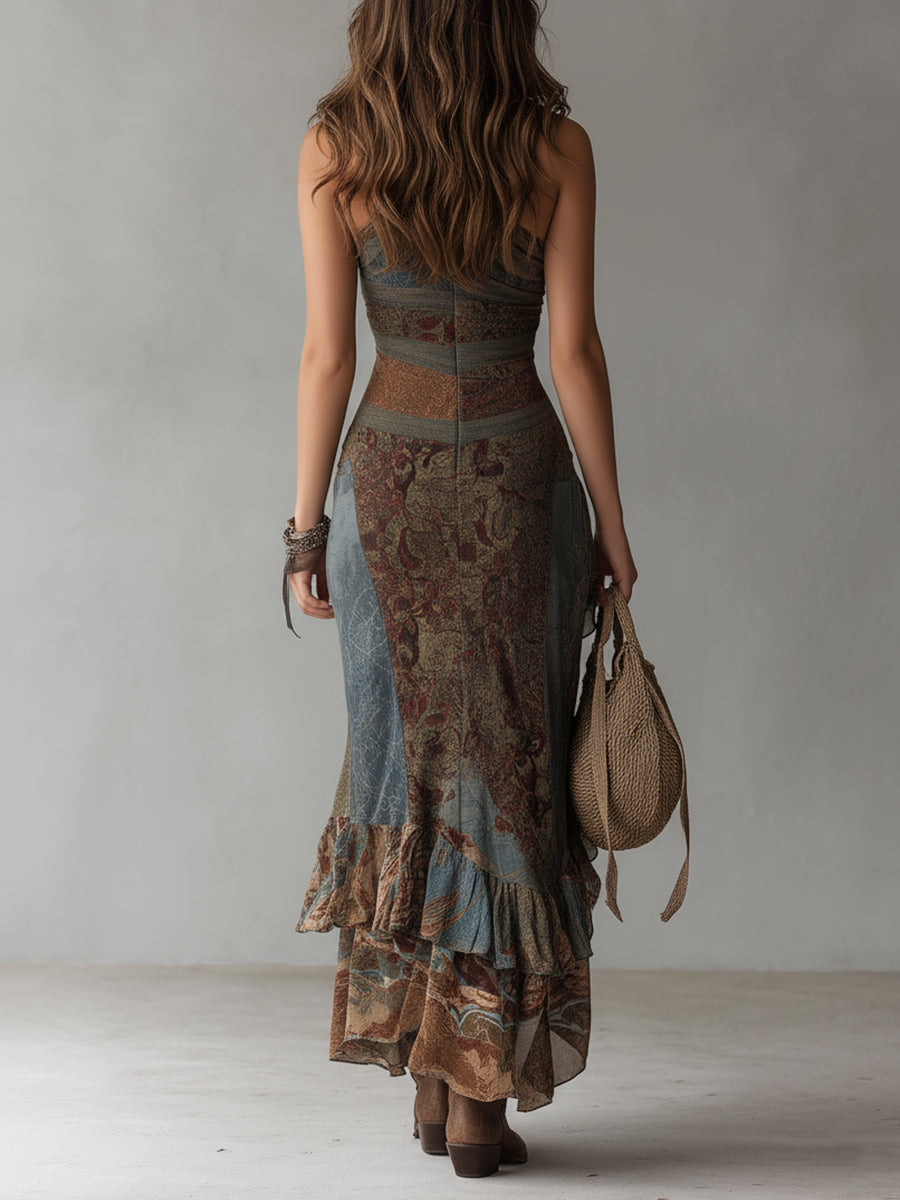 Zahara - Vestido largo asimétrico con abertura alta y estampado étnico retro