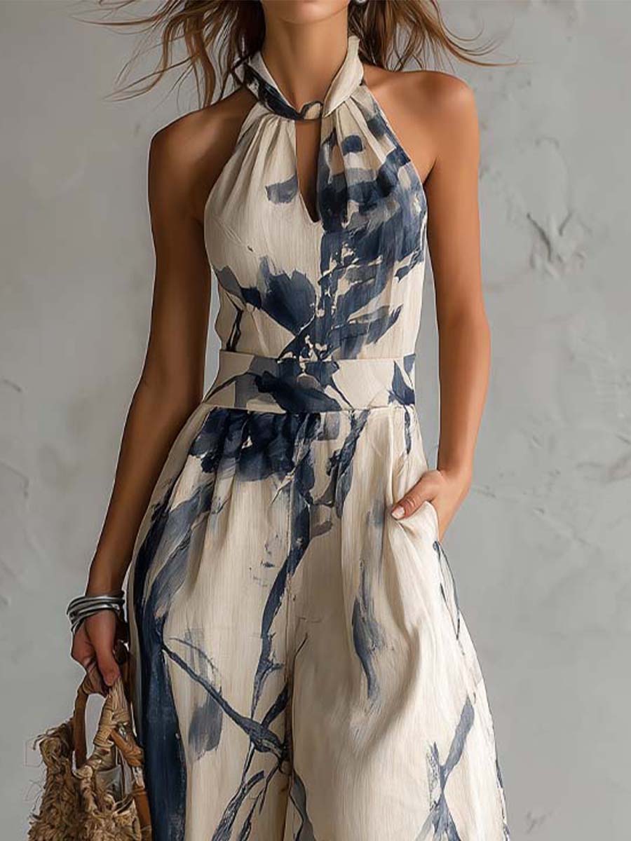 Adriana - Mono de pierna ancha con estampado de lavado a la tinta y cuello halter, con bolsillos.